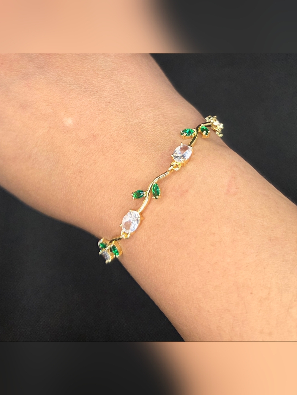 Gold Bracelet with Tulip Clear and Emerald Stones - Women Jewelry